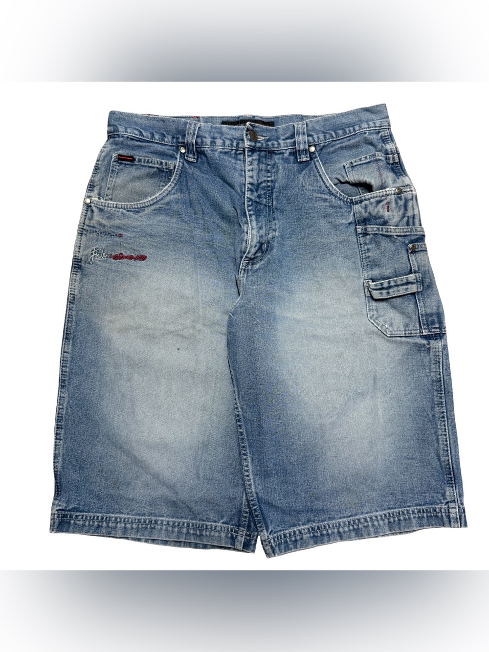 Vintage Y2K Fubu Collection Elongated Baggy Blue Denim Jean Shorts Size 36